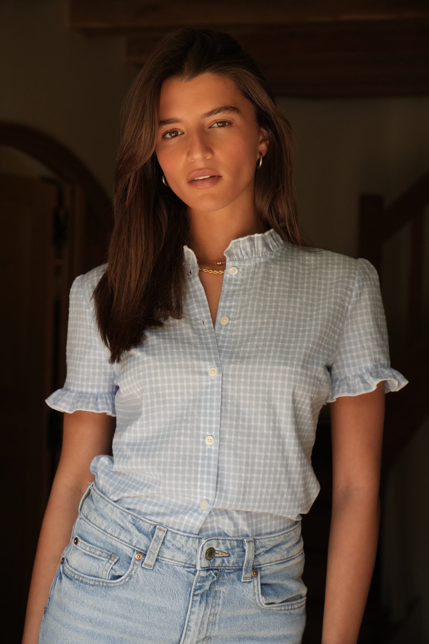 Pastel blue checked blouse