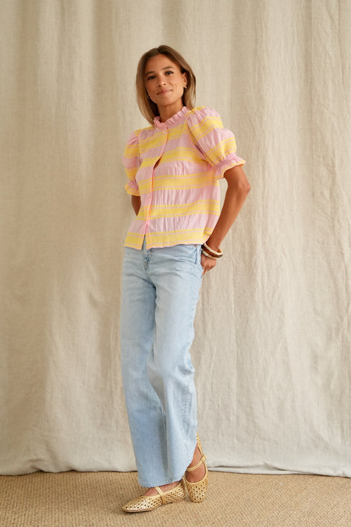 Blouse Sol rose à smocks jaune