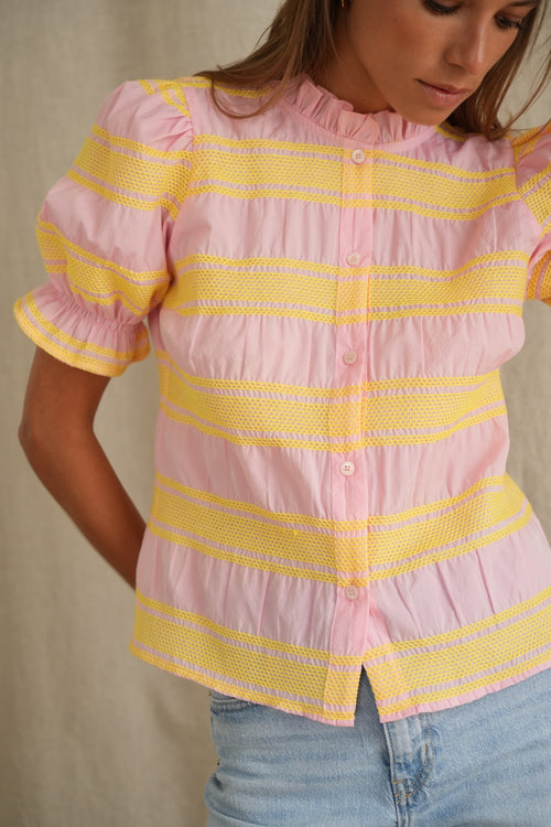 Blouse Sol rose à smocks jaune