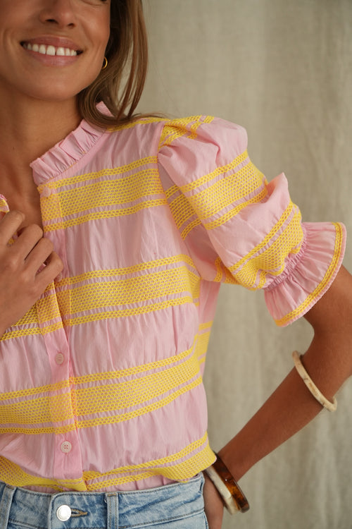 Blouse Sol rose à smocks jaune