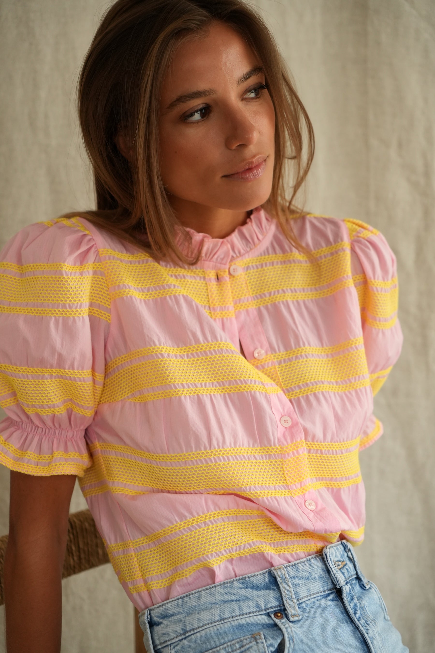 Blouse Sol rose à smocks jaune